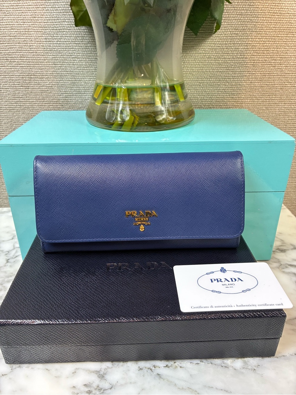 Prada Bluette Blue Saffiano Leather Flap Wallet - Pristine Condition w/ Box